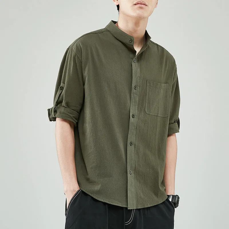 Mens Shirt  Linen Cotton Blend  Relaxed Fit  Band Collar  7/8 Sleeve Casual Wear