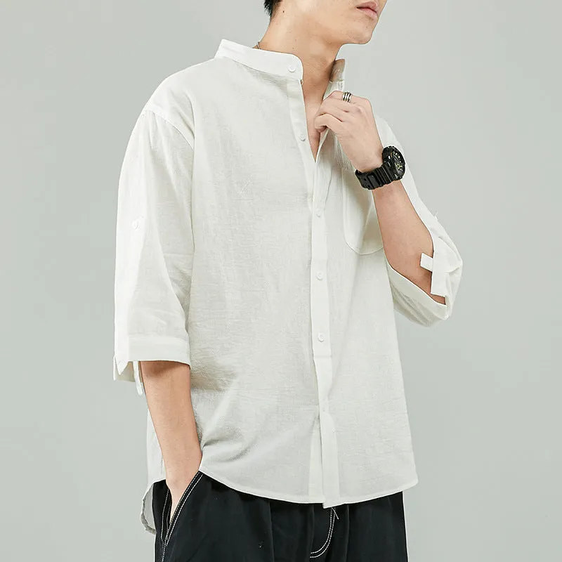 Mens Shirt  Linen Cotton Blend  Relaxed Fit  Band Collar  7/8 Sleeve Casual Wear