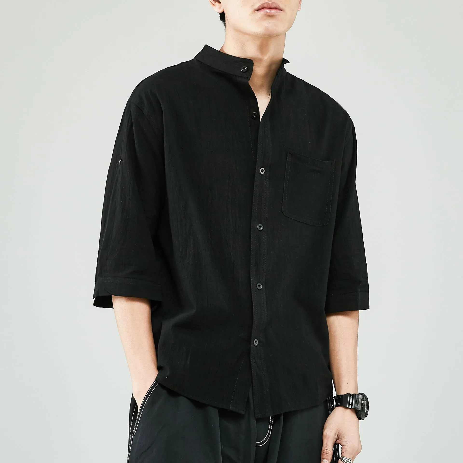 Mens Shirt  Linen Cotton Blend  Relaxed Fit  Band Collar  7/8 Sleeve Casual Wear