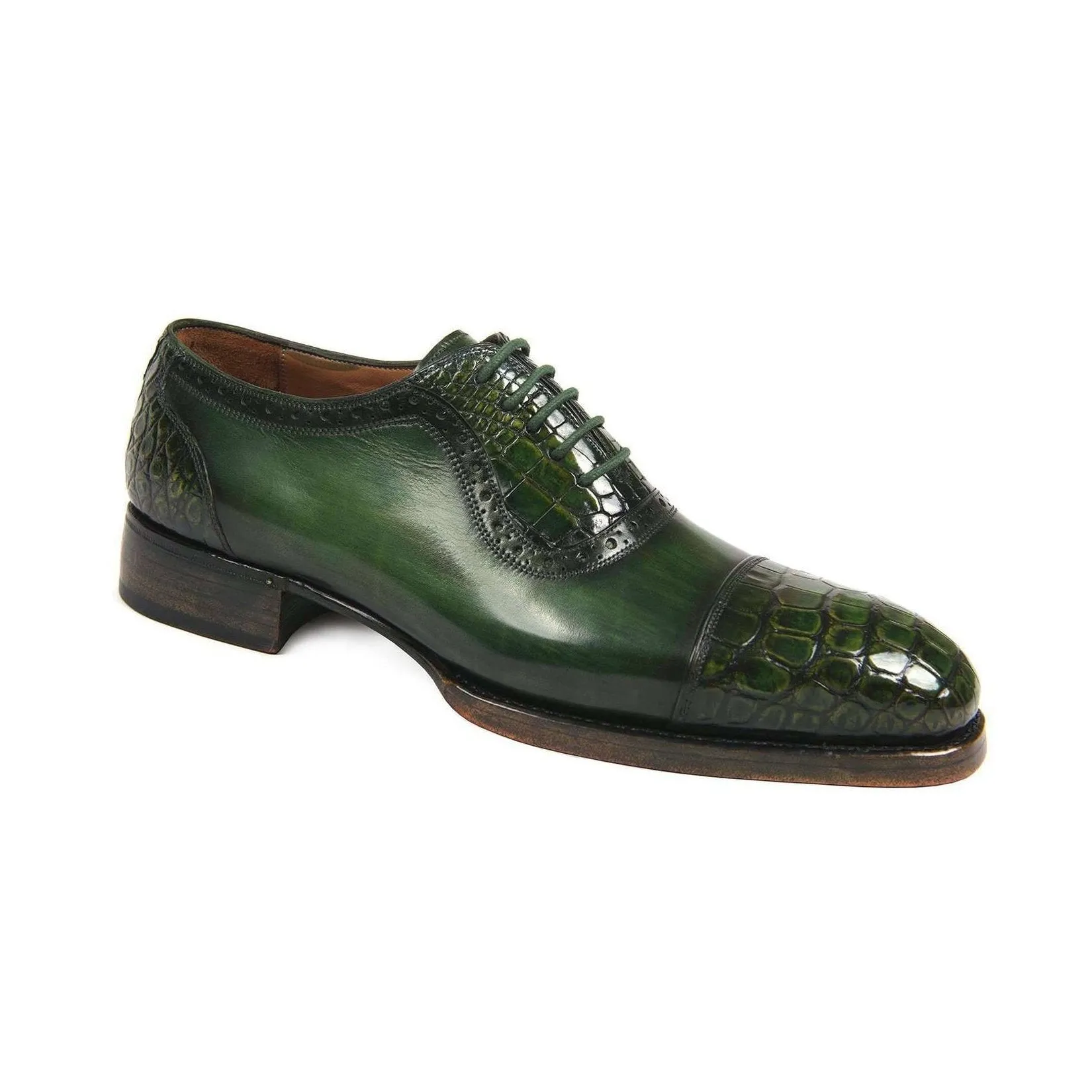 Paul Parkman Handmade Designer Shoes Green Genuine Crocodile & Calfskin Captoe Oxfords (PM5603)
