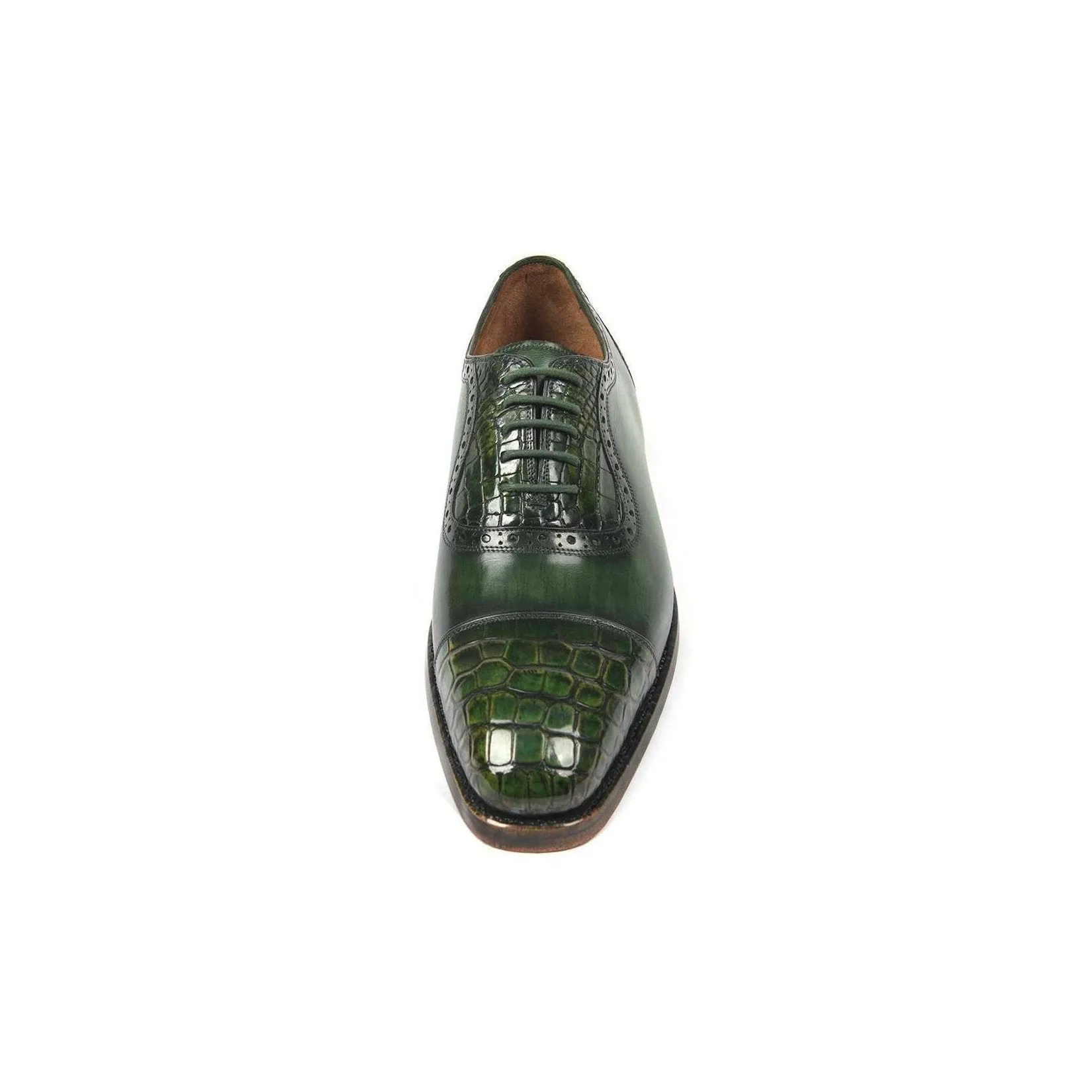 Paul Parkman Handmade Designer Shoes Green Genuine Crocodile & Calfskin Captoe Oxfords (PM5603)