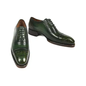 Paul Parkman Handmade Designer Shoes Green Genuine Crocodile & Calfskin Captoe Oxfords (PM5603)