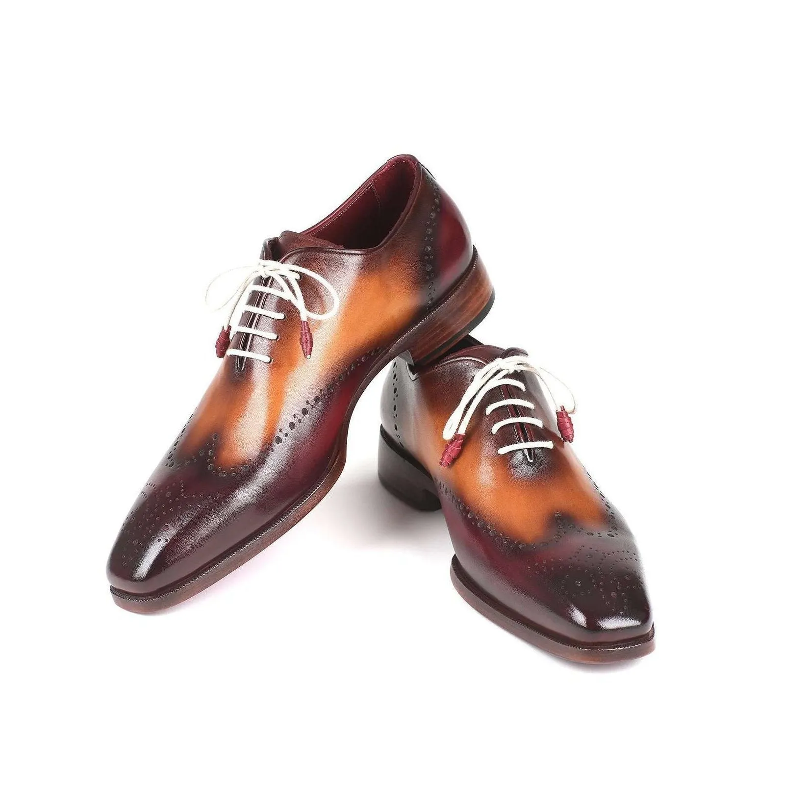 Paul Parkman Handmade Designer Shoes Men's Bordeaux & Camel Wingtip Calfskin Oxfords 097BY30 (PM5709)