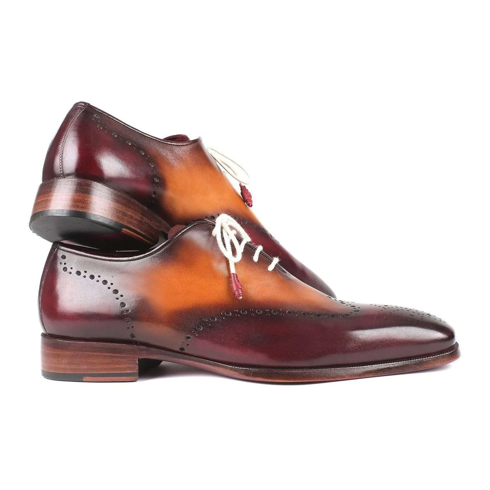 Paul Parkman Handmade Designer Shoes Men's Bordeaux & Camel Wingtip Calfskin Oxfords 097BY30 (PM5709)
