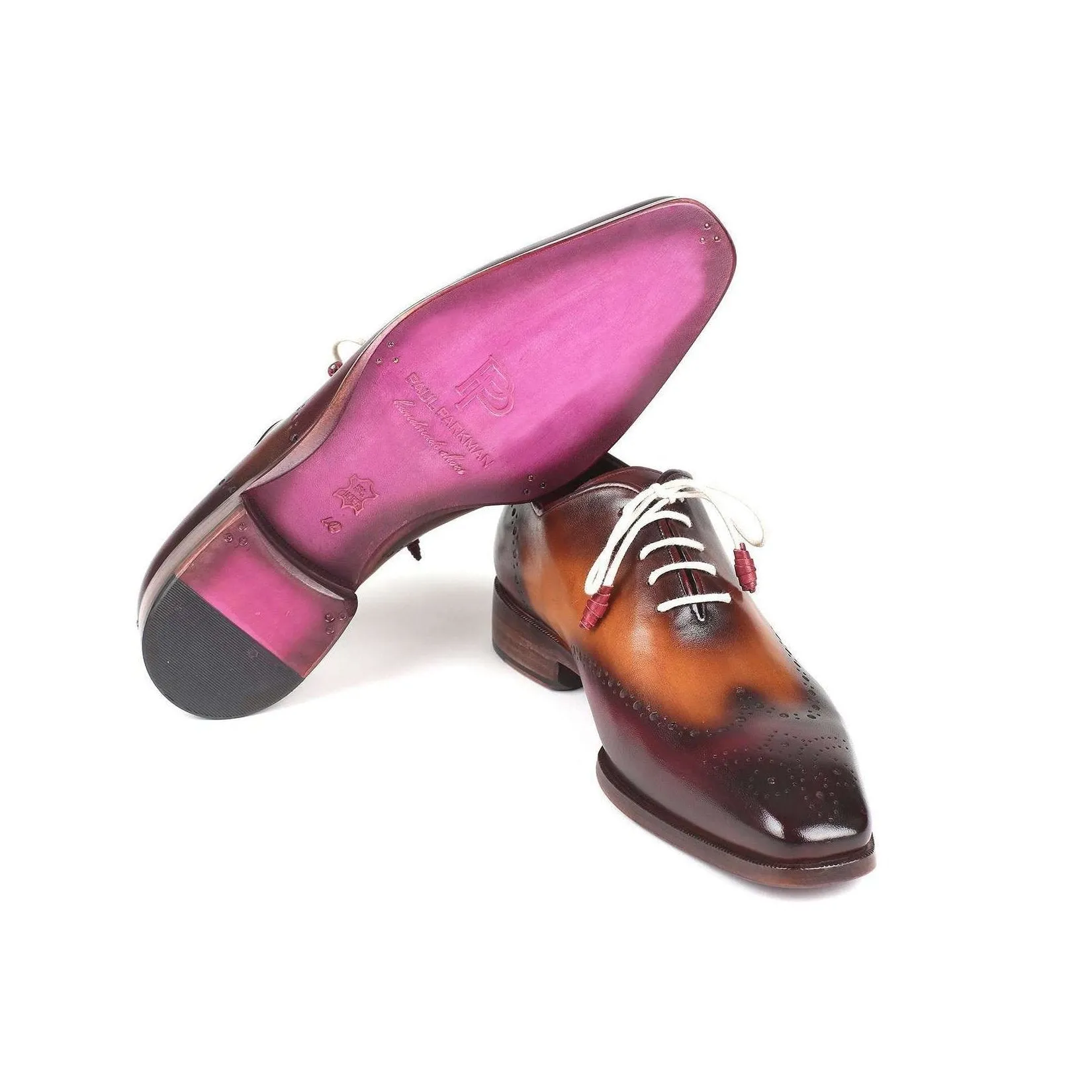 Paul Parkman Handmade Designer Shoes Men's Bordeaux & Camel Wingtip Calfskin Oxfords 097BY30 (PM5709)