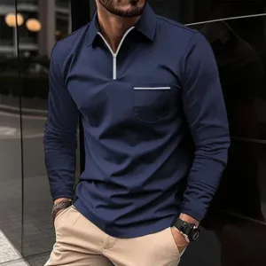 PoloGen - Heren Poloshirt Lange Mouwen, Halve Ritssluiting, Borstzakje