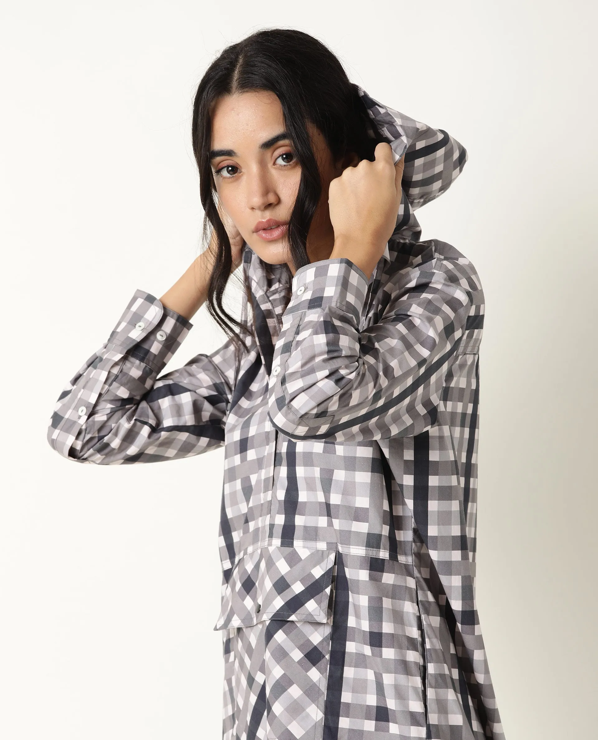 Rareism Women Loreal Grey Checks Shirt Collar With Hoodie Full Sleeves Front Pocket Patch With Side Slit Midi Dress