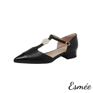 【Size 36 Special Offer】Leather T Straps with Flower Design and Black Patent Leather Toe Cap