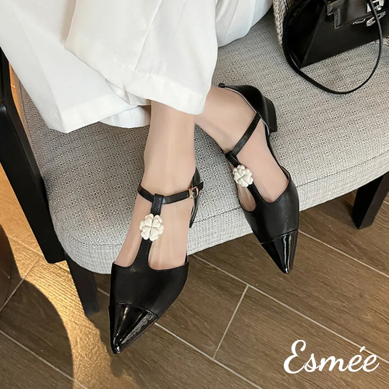 【Size 36 Special Offer】Leather T Straps with Flower Design and Black Patent Leather Toe Cap