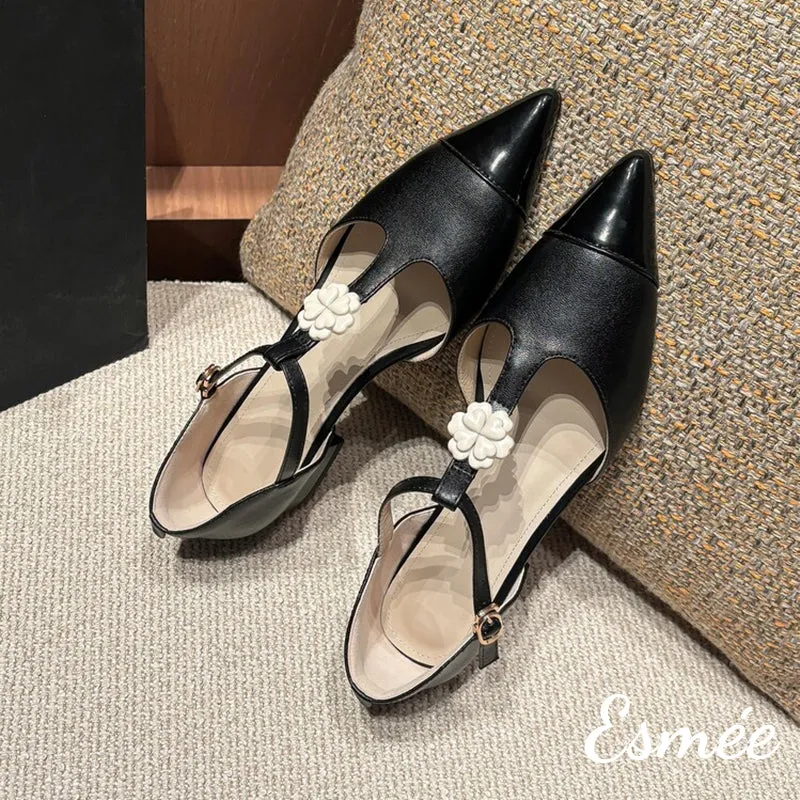 【Size 36 Special Offer】Leather T Straps with Flower Design and Black Patent Leather Toe Cap