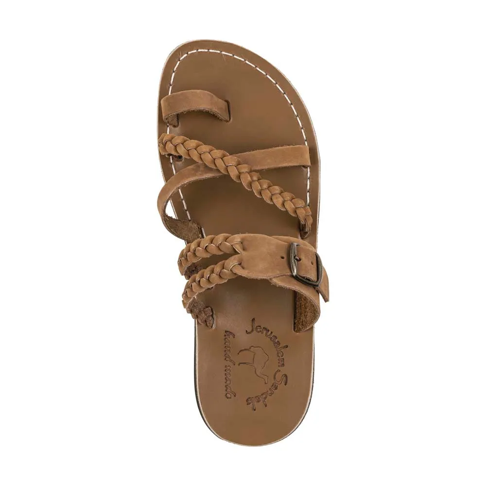 Sophia Buckle - Leather Braided Slide Sandal | Tan Nubuck