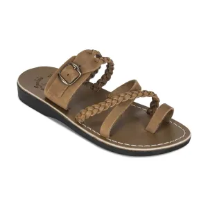 Sophia Buckle - Leather Braided Slide Sandal | Tan Nubuck