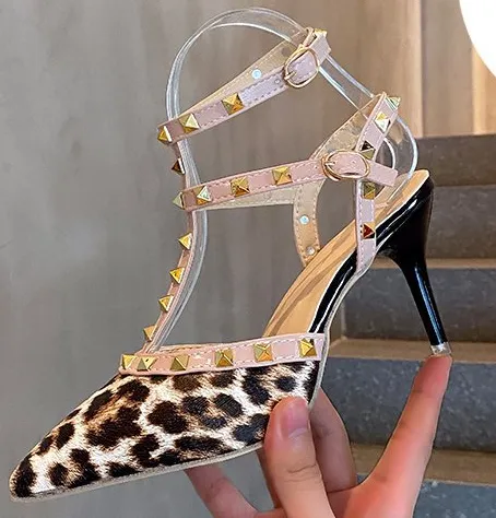 Tillbuy Leopard print rivet high heels