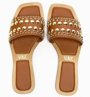 VINYL SLIDER SANDALS WITH STUDS - BROWN