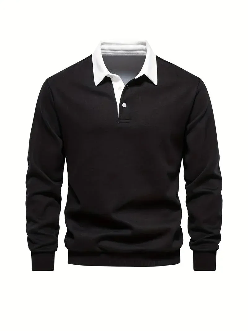 WarmLux - Heren Poloshirt Lange Mouwen, Klassieke Pasvorm, Kraag met Knopen