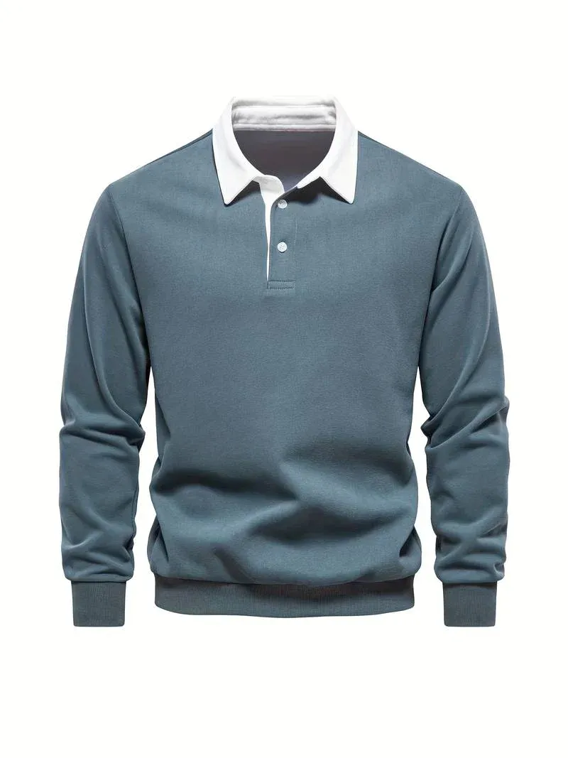 WarmLux - Heren Poloshirt Lange Mouwen, Klassieke Pasvorm, Kraag met Knopen