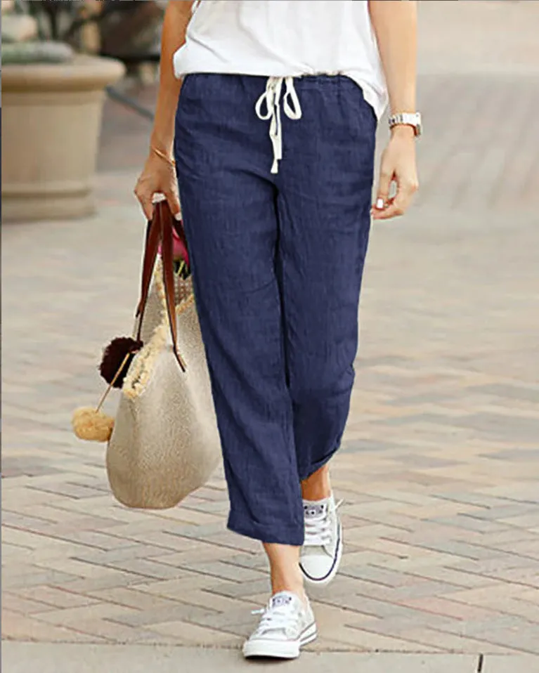 Womens Trousers  Linen  Relaxed Fit  Drawstring Waist  Full Length Casual Wear