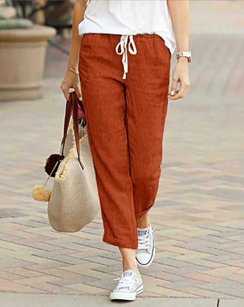 Womens Trousers  Linen  Relaxed Fit  Drawstring Waist  Full Length Casual Wear