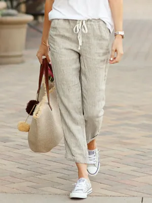 Womens Trousers  Linen  Relaxed Fit  Drawstring Waist  Full Length Casual Wear